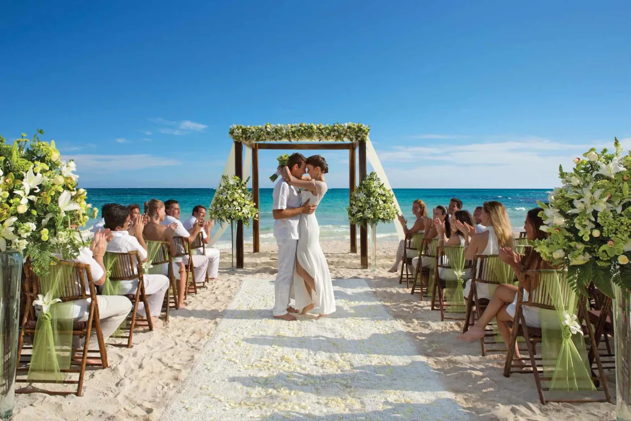 Dreams Tulum wedding destination Mexico couple exchanging vows